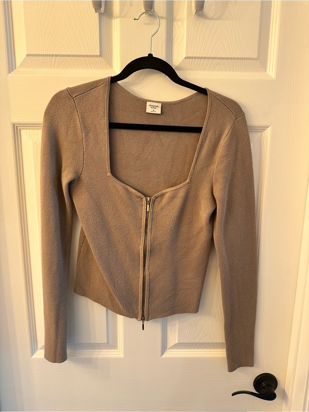 Abercrombie & Fitch Zip-Front Square Neck Sweater - Taupe